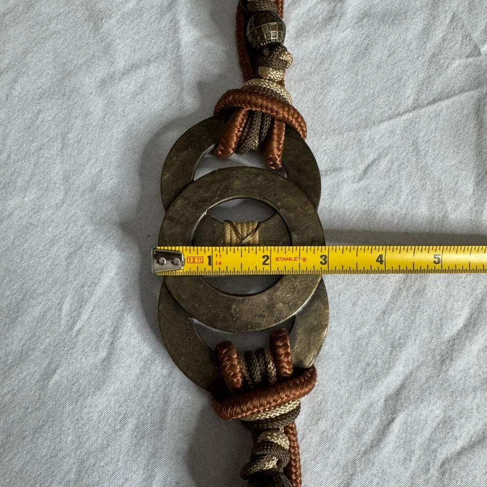 Vintage 1994 Leather Shop Brown Braided Cord Belt Brass Interlocking Ring Buckle